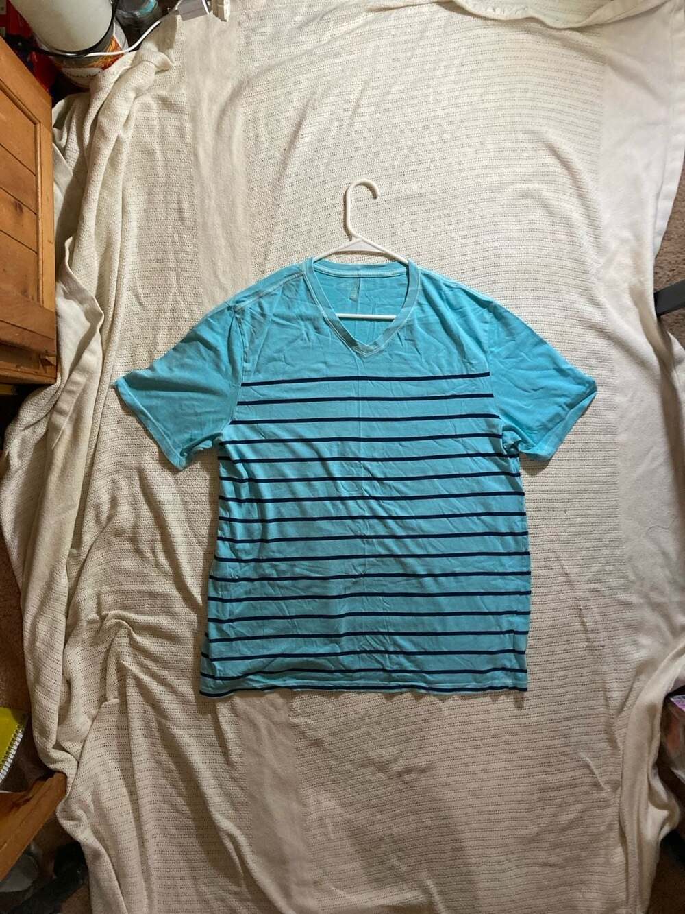 Mens V Neck T Shirt Short Sleeve Cotton Blue Striped Casual